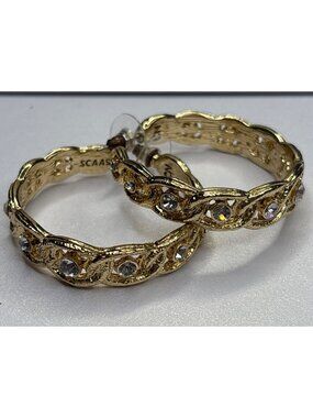 Vintage Scaasi Goldtone Hoop Rhinestone Earrings Large | Signed